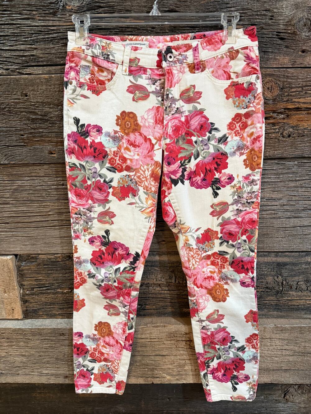 Pilcro Anthropologie Floral Print Slim Jeans Cream Pink Rose